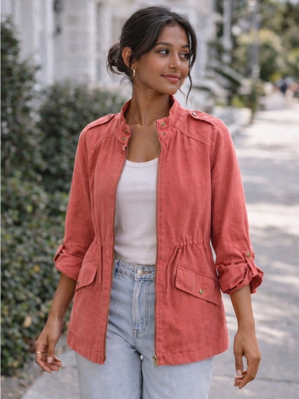 Zara Basic Coral Utility Jacket Medium Lightweight Zip Front Spring Layer